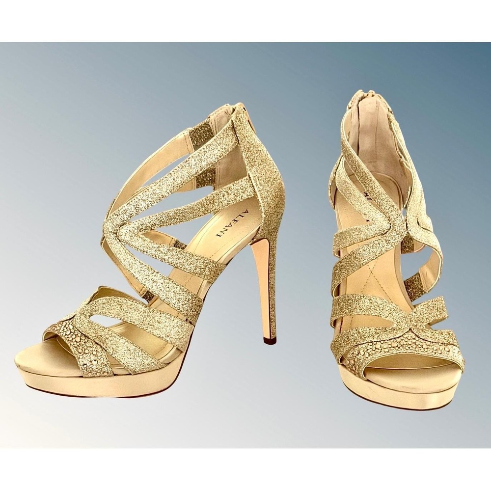 Alfani Cymball Womens Gold Glitter Strappy  Stiletto Open Toe Heels Size 7M